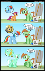 Size: 800x1258 | Tagged: safe, artist:wisp2007, daring do, lyra heartstrings, rainbow dash, scootaloo, oc, oc:key lime, earth pony, pegasus, pony, unicorn, g4, comic, easel, hand, painter, that pony sure does love hands