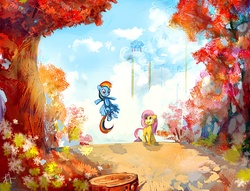 Size: 1500x1143 | Tagged: safe, artist:electrixocket, fluttershy, rainbow dash, g4, cloudsdale, scenery