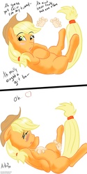 Size: 1000x2000 | Tagged: safe, artist:makoruu, applejack, human, g4, bellyrubs, blushing, comic, hand, on back