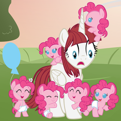 Size: 4200x4200 | Tagged: safe, artist:beavernator, pinkie pie, oc, oc:fausticorn, alicorn, earth pony, pony, g4, season 3, too many pinkie pies, ^^, absurd resolution, alicorn oc, baby, baby pie, baby pony, balloon, clone, cute, diaper, diapinkes, eyes closed, female, foal, horn, lauren faust, mare, multeity, pinkie clone, too much pink energy is dangerous, wings