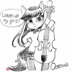 Size: 443x443 | Tagged: safe, octavia melody, earth pony, pony, g4, cello, clothes, female, monochrome, musical instrument, pixiv, socks, solo