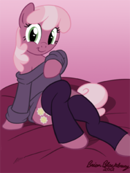 Size: 288x384 | Tagged: safe, artist:brianblackberry, cheerilee, earth pony, pony, semi-anthro, g4, bed, bottomless, clothes, cutie mark, female, looking at you, mare, off shoulder, off shoulder sweater, partial nudity, pink background, simple background, sitting, smiling, socks, solo, sweater