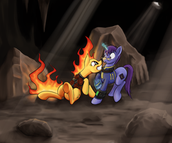 Size: 990x825 | Tagged: safe, artist:kalemon, oc, oc only, oc:matchstick flare, oc:shimmercoat, fallout equestria, fallout equestria: morality of property, duo, eye contact, foe yay, glasses, grin, magic, mane of fire, raised hoof, sitting, smiling, underhoof, wide eyes