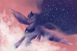 Size: 3000x2000 | Tagged: safe, artist:foxtailpegasus, princess luna, pony, g4, cloud, cloudy, female, flying, solo, spread wings, starry mane, stars