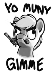 Size: 427x570 | Tagged: safe, artist:kalemon, oc, oc only, oc:muny, pony, fallout equestria, /foe/, grayscale, gun, money, monochrome, mouth hold, muny, raider, solo