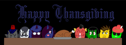 Size: 1024x365 | Tagged: safe, artist:thelordofdust, oc, oc only, oc:maneia, bird, pony, turkey, cooked, dead, food, group, meat, obsession is magic, ponies eating meat, thanksgiving