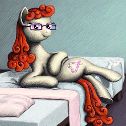 Size: 1600x1600 | Tagged: safe, artist:dahtamnay, twist, earth pony, pony, g4, bed, female, glasses, mare, older, solo