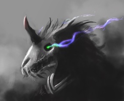 Size: 986x804 | Tagged: safe, artist:grissaecrim, king sombra, pony, unicorn, g4, fangs, glowing eyes, male, signature, solo, stallion