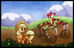 Size: 3300x2155 | Tagged: safe, artist:porkchopsammie, apple bloom, applejack, g4, apple, cart, riding