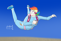Size: 1312x885 | Tagged: safe, artist:phallen1, rainbow dash, human, g4, air ponyville, clothes, humanized, jumpsuit, skydiving
