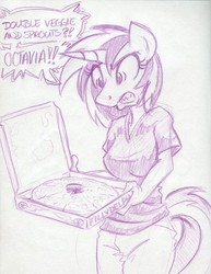 Size: 500x647 | Tagged: safe, artist:trollie trollenberg, dj pon-3, vinyl scratch, anthro, g4, angry, female, monochrome, pizza, solo, traditional art