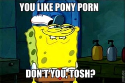 Size: 500x333 | Tagged: safe, barely pony related, caption, image macro, implied porn, just one bite, male, solo, spongebob squarepants, spongebob squarepants (character), text, tosh.0, you like krabby patties don't you squidward?