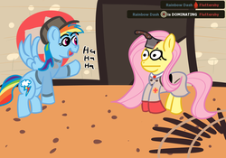 Size: 1000x700 | Tagged: safe, artist:krabbshack, fluttershy, rainbow dash, g4, cleaver, flying guillotine, medic, medic (tf2), scout (tf2), team fortress 2