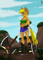 Size: 916x1270 | Tagged: safe, artist:siberwar, applejack, earth pony, anthro, unguligrade anthro, g4, axe, boots, clothes, cowboy hat, daisy dukes, front knot midriff, hand on hip, hat, midriff, shorts, stetson