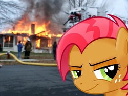 Size: 615x461 | Tagged: safe, babs seed, g4, one bad apple, disaster girl, fire, meme, ponies in real life, smirk