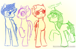 Size: 500x324 | Tagged: safe, artist:mylittlehomestuck, dave strider, homestuck, jade harley, john egbert, ponified, rose lalonde