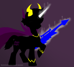 Size: 500x456 | Tagged: safe, artist:mylittlehomestuck, ahab's crosshairs, cape, clothes, glowing, glowing horn, gun, homestuck, horn, orphaner dualscar, ponified, purple background, rifle, silhouette, simple background, solo, weapon