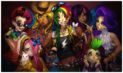 Size: 1280x758 | Tagged: safe, artist:elsevilla, applejack, fluttershy, gummy, pinkie pie, rainbow dash, rarity, spike, twilight sparkle, parasprite, g4, belly button, belly piercing, bellyring, clothes, dark skin, gangsta, hoodie, humanized, mane seven, mohawk, piercing, punk