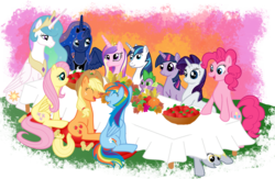 Size: 3456x2260 | Tagged: safe, artist:anscathmarcach, applejack, derpy hooves, fluttershy, pinkie pie, princess cadance, princess celestia, princess luna, rainbow dash, rarity, shining armor, spike, twilight sparkle, pegasus, pony, g4, female, mane seven, mane six, mare, thanksgiving