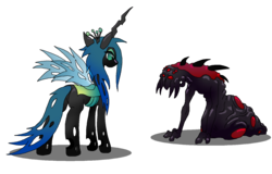 Size: 1600x1024 | Tagged: safe, artist:oddwarg, queen chrysalis, changeling, changeling queen, zerg, g4, crossover, female, pun, simple background, starcraft, transparent background