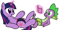 Size: 900x463 | Tagged: safe, artist:tg-0, spike, twilight sparkle, g4, book, speedo