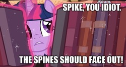 Size: 960x511 | Tagged: safe, edit, edited screencap, screencap, twilight sparkle, pony, unicorn, g4, too many pinkie pies, book, female, golden oaks library, image macro, implied spike, magic, magic aura, mare, solo, telekinesis, unicorn twilight