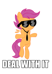 Size: 1200x1716 | Tagged: safe, artist:sauec, scootaloo, pony, g4, deal with it, female, image macro, necktie, scootaswag, shrug, simple background, solo, sunglasses, transparent background