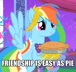 Size: 599x567 | Tagged: safe, edit, edited screencap, screencap, rainbow dash, pegasus, pony, g4, my little pony: friendship is magic, the best night ever, caption, clothes, dress, female, gala dress, mare, pie, text