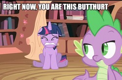 Size: 1060x698 | Tagged: safe, edit, edited screencap, screencap, spike, twilight sparkle, dragon, pony, unicorn, g4, lesson zero, my little pony: friendship is magic, book, butthurt, caption, female, image macro, male, mare, sitting