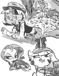 Size: 1270x1650 | Tagged: dead source, safe, artist:tess, princess celestia, rarity, twilight sparkle, dragon, g4, humanized, monochrome