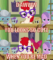 Size: 417x466 | Tagged: safe, apple bloom, diamond tiara, noi, silver spoon, twist, g4, angry, caption, classroom, filly, glasses, image macro, meme, ponyville schoolhouse, reaction image