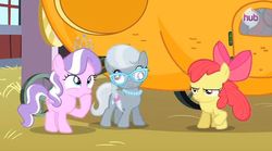 Size: 636x354 | Tagged: safe, screencap, apple bloom, diamond tiara, silver spoon, g4, my little pony: friendship is magic, one bad apple, derp