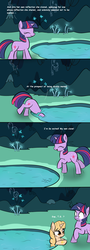 Size: 650x1800 | Tagged: safe, artist:rodolfomushi, taralicious, twilight sparkle, oc, pony, unicorn, g4, cave, cave pool, comic, do not want, excited, exclamation point, interrobang, jumping, mirror pool, misspelling, ponified, question mark, raised hoof, surprised, tara strong, unicorn twilight, wide eyes