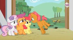 Size: 638x354 | Tagged: safe, screencap, apple bloom, babs seed, scootaloo, sweetie belle, earth pony, pegasus, pony, unicorn, g4, one bad apple, butt, female, filly, foal, horn, plot, tree