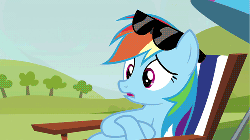 Size: 500x281 | Tagged: safe, screencap, rainbow dash, pegasus, pony, g4, too many pinkie pies, animated, beach chair, chair, female, mare, solo, sunglasses