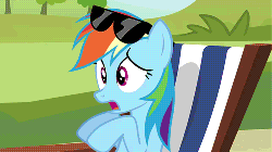 Size: 500x281 | Tagged: safe, screencap, rainbow dash, pegasus, pony, g4, too many pinkie pies, animated, beach chair, chair, female, head shake, mare, solo, sunglasses