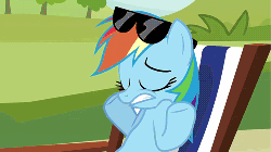 Size: 500x281 | Tagged: safe, screencap, rainbow dash, pegasus, pony, g4, too many pinkie pies, animated, beach chair, chair, female, mare, scrunchy face, shrug, solo, sunglasses