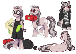 Size: 965x695 | Tagged: safe, artist:dancingcoyote, oc, oc only, earth pony, pony, apron, clothes, coat, female, frazzled, frazzled hair, lying down, mare, scarf, taxidermy, toolbox