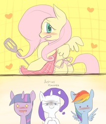 Size: 600x700 | Tagged: artist needed, source needed, safe, fluttershy, rainbow dash, rarity, twilight sparkle, g4, apron, butt, clothes, comic, imminent rape, just as planned, plot, stupid sexy fluttershy, wingboner