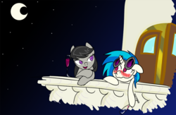 Size: 918x598 | Tagged: safe, artist:extremeasaur5000, dj pon-3, octavia melody, vinyl scratch, g4, blushing, drunk, female, lesbian, ship:scratchtavia, shipping