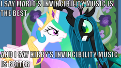 Size: 640x360 | Tagged: safe, edit, edited screencap, screencap, princess celestia, queen chrysalis, a canterlot wedding, g4, angry, argument, duo, image macro, looking at each other