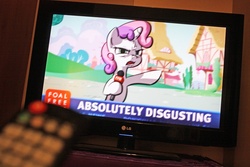 Size: 1280x853 | Tagged: safe, artist:derkrazykraut, sweetie belle, g4, absolutely disgusting, foal free press, monitor, news, news report, photo, remote control, tumblr