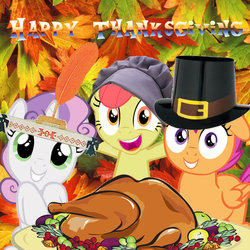 Size: 900x900 | Tagged: safe, artist:kuren247, apple bloom, scootaloo, sweetie belle, turkey, g4, cooked, cutie mark crusaders, dead, food, grin, looking at you, native american, open mouth, pilgrim outfit, ponies eating meat, smiling, sweetie squaw, thanksgiving