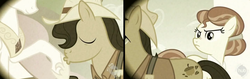 Size: 1400x440 | Tagged: safe, edit, edited screencap, screencap, pokey oaks, princess celestia, sew 'n sow, earth pony, pony, family appreciation day, g4, female, granny smith's parents, hoof kissing, jealous, kissing, male, mare, nose wrinkle, sepia, stallion