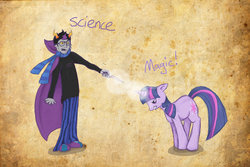 Size: 900x600 | Tagged: safe, twilight sparkle, pony, unicorn, g4, brown background, cape, clothes, crossover, duo, eridan ampora, female, homestuck, magic wand, male, mare, scarf, simple background, troll (homestuck), unicorn twilight