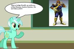 Size: 754x500 | Tagged: safe, lyra heartstrings, g4, captain falcon, chalkboard, f-zero, human studies101 with lyra, judge dredd, meme