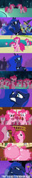 Size: 500x2790 | Tagged: safe, edit, edited screencap, screencap, pinkie pie, princess luna, g4, luna eclipsed, my little pony: friendship is magic, too many pinkie pies, balloon fingers, clone, comic, floppy ears, image macro, pinkie clone, ponies riding ponies, riding, screencap comic, self riding