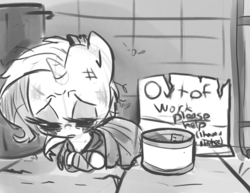 Size: 1650x1275 | Tagged: dead source, safe, artist:tess, rarity, pony, g4, begging, female, hobo, homeless, monochrome, sad, sketch, solo