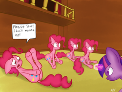 Size: 2000x1506 | Tagged: safe, artist:mostlyponyart, pinkie pie, twilight sparkle, earth pony, pony, unicorn, g4, too many pinkie pies, begging, butt, clone, female, imminent death, imminent murder, mare, on back, pinkie clone, pinkie clone debate, plot