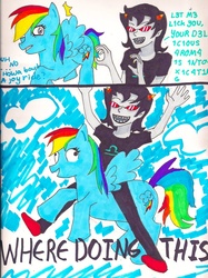 Size: 746x1000 | Tagged: safe, artist:pyrope-pirate, rainbow dash, pegasus, pony, g4, comic, crossover, duo, female, homestuck, mare, riding, terezi pyrope, troll (homestuck)